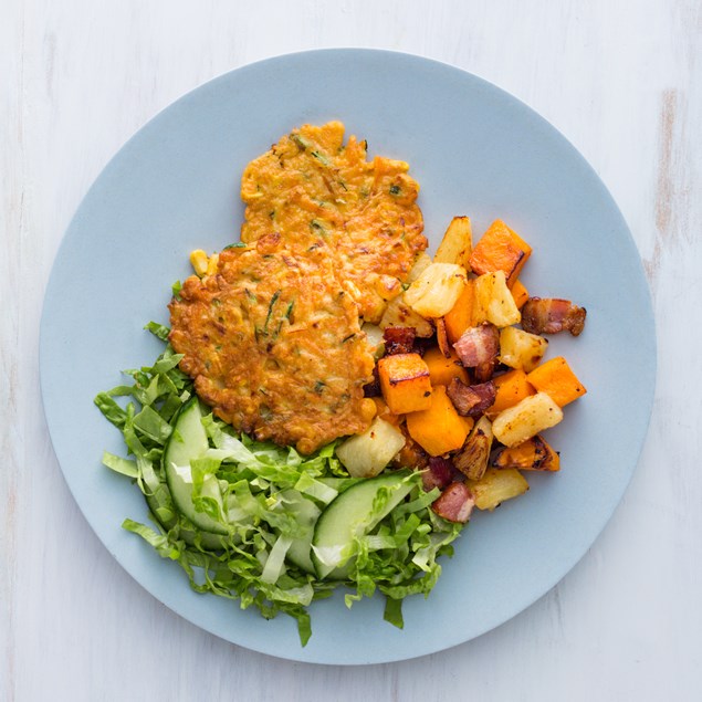 Corn and Courgette Fritters with Roast Pumpkin and Bacon