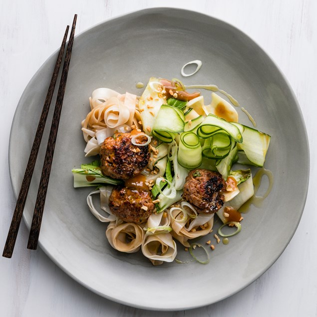 Korean Beef Meatballs with Bok Choy and Rice Noodles 
