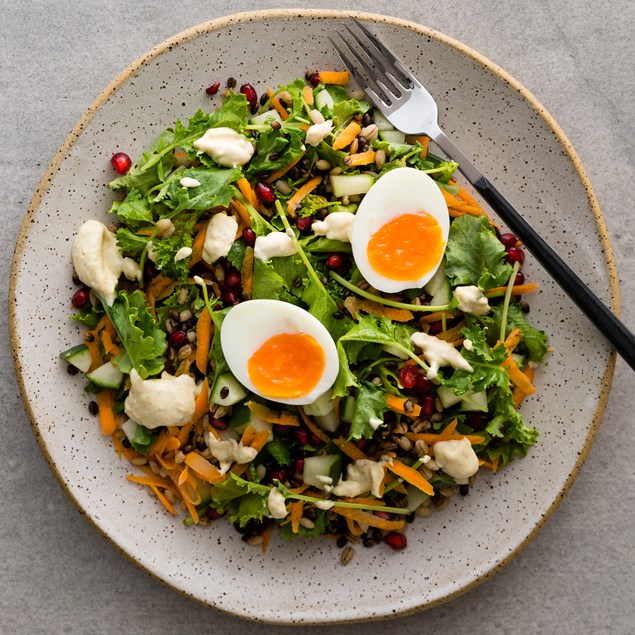 Chermoula Eggs with Pomegranate and Pearl Barley Salad