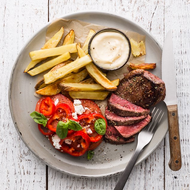 Beef Steaks with Tomato Salad and Garlic Aioli