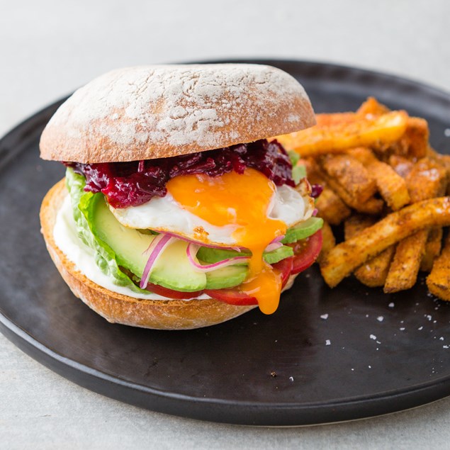 Kiwi Egg Burger with Beetroot Relish and Polenta Crusted Fries