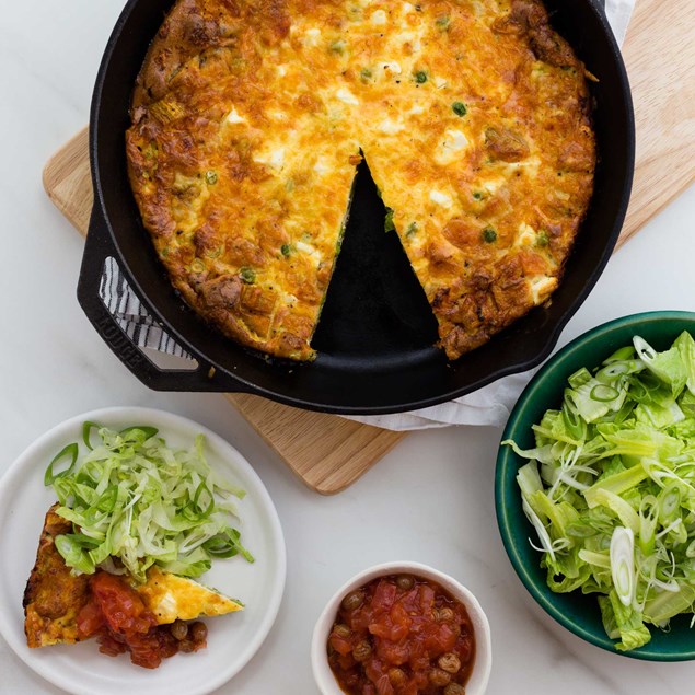 Roast Kumara, Pea and Feta Frittata with Warm Tomato Relish