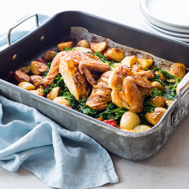 Roast Chermoula Chicken with Tomato Potatoes and Kale