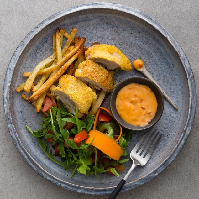 Polenta-Crusted Chicken with Rocket Salad and Sundried Tomato Aioli