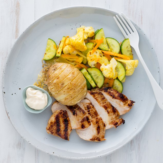 Seared Chicken with Hasselback Potatoes and Piccalilli Salad