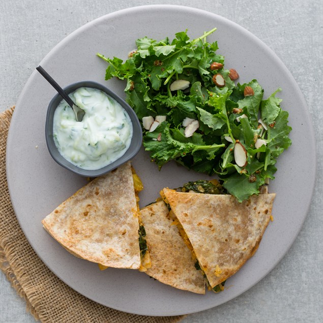Greek Quesadillas with Tzatziki and Kale Almond Salad