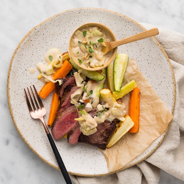 Beef Sirloin Steak with Creamy Leeks & Thyme Roasted Vegetables