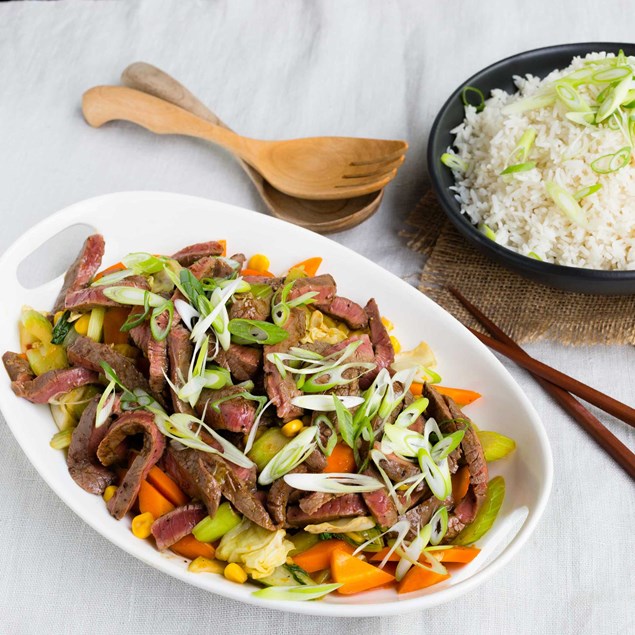 Orange-Glazed Vegetables with Beef and Rice