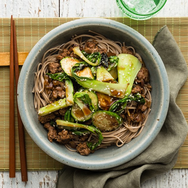 Teriyaki Beef & Sesame Soba Noodles with Garlic Baby Bok Choy