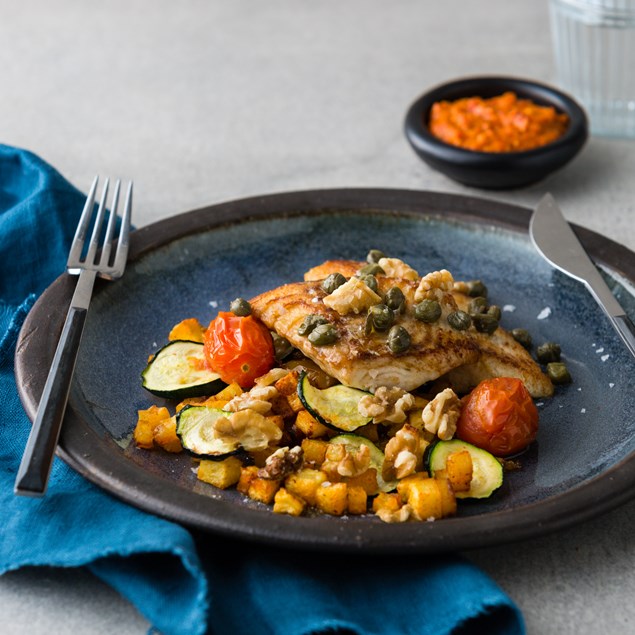 Pan Fried Fish With Caper Brown Butter and Romesco Sauce - My Food Bag