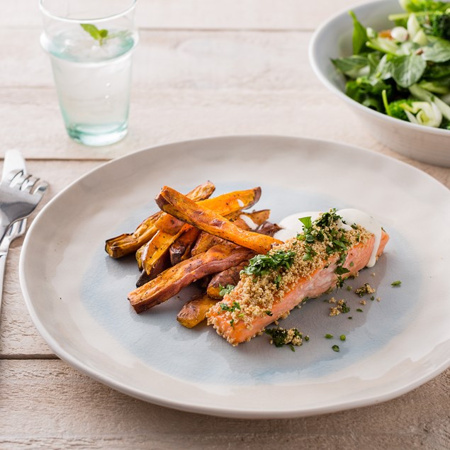 Parsley-Crusted Salmon with Sweet Potato Chips
