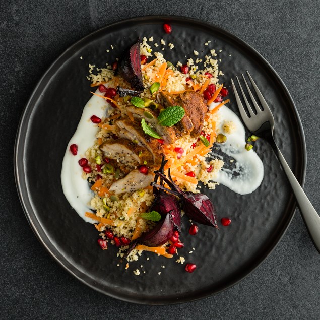 Lebanese Chicken with Couscous, Pomegranate and Toum