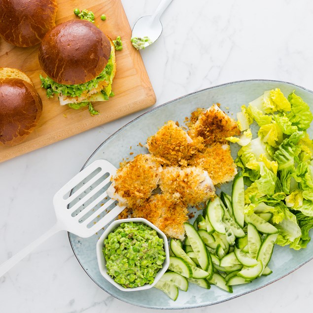 Crumbed Fish Burgers with Creamy Pea and Caper Sauce
