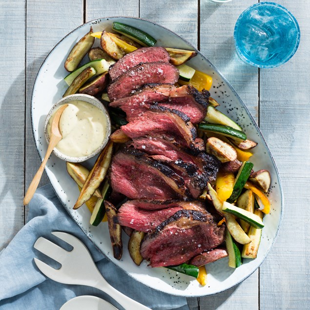 Beef Steak with Grilled Veggies and Hollandaise Sauce