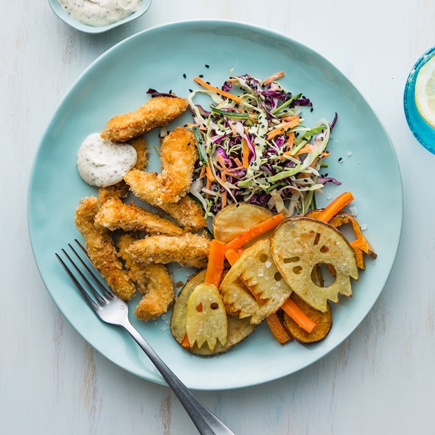 Chicken Fingers with Ghost Chips and Ant Slaw