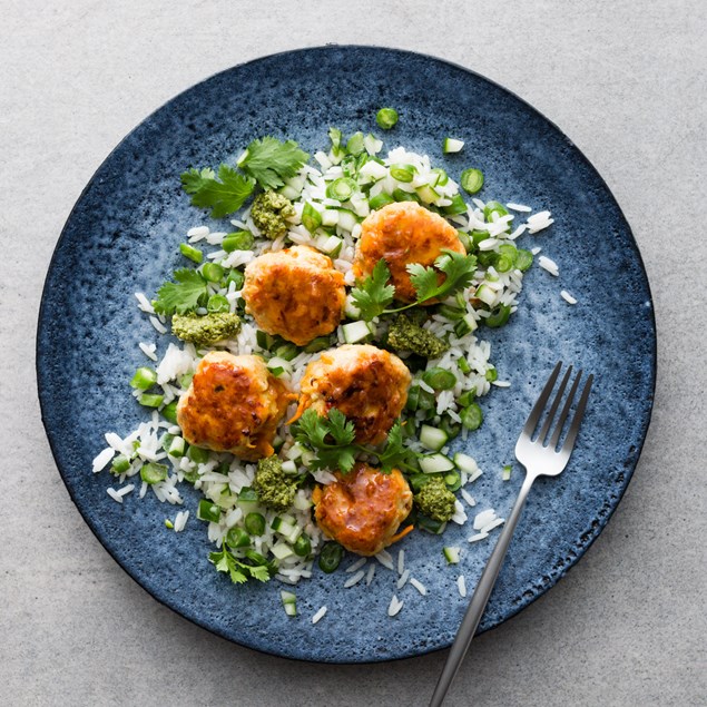 Chicken Meatballs with Coconut Rice and Asian Pesto