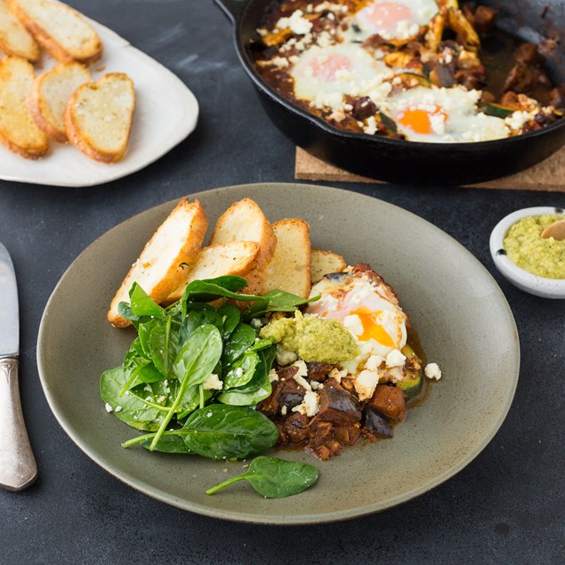 Spanish Baked Eggs with Olive Tapenade and Turkish Bread