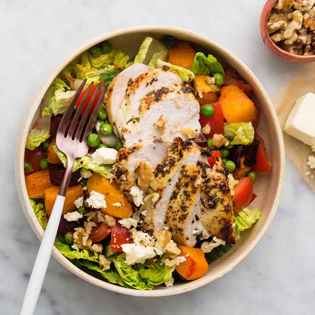Chicken and Pumpkin Salad with Toasted Walnuts and feta