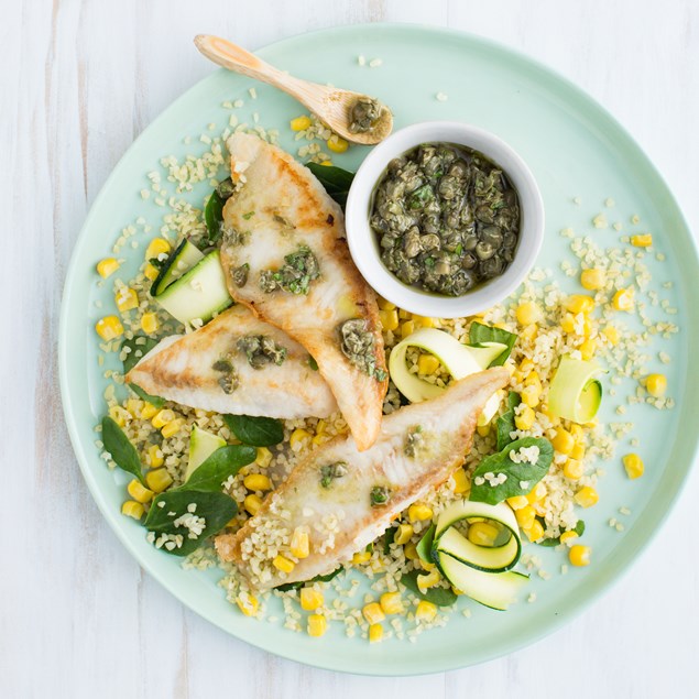 Lemon Fish and Bulgur Salad with Caper Dressing