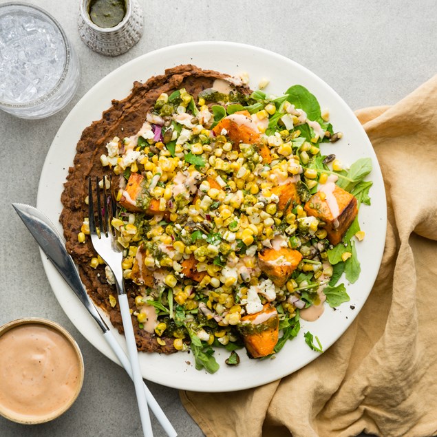 Maple Roasted Kumara Salad with Pepita Sweetcorn Salsa & Creamy Black Beans