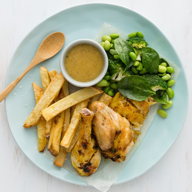 Butterflied Lemon Chicken with Chips and Gravy
