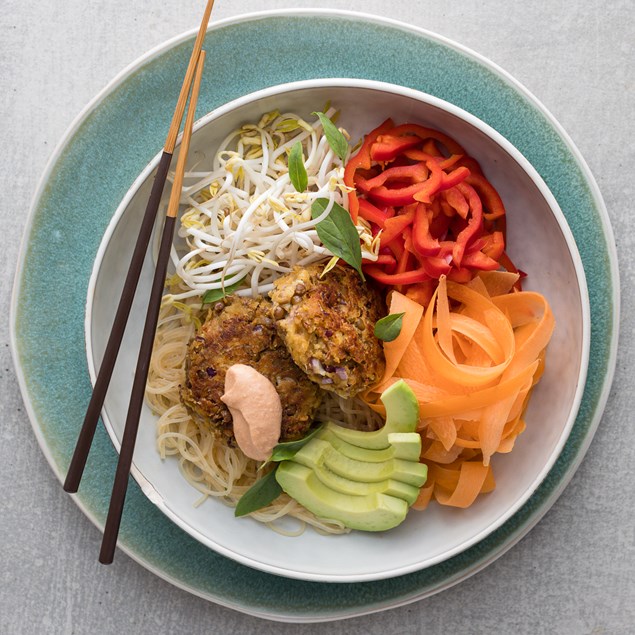 Thai Lentil Fritters with Red Curry Coconut Vermicelli Salad 