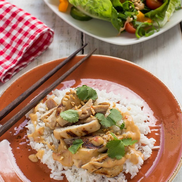 Satay Chicken with Salad and Coconut Rice