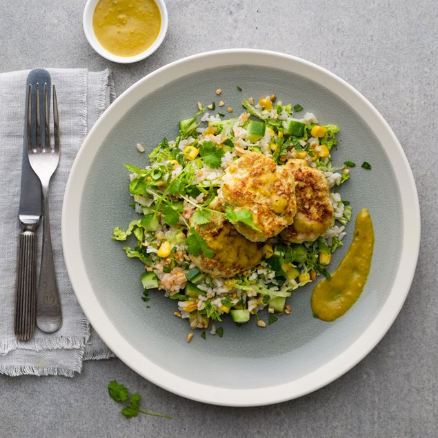 Thai Turkey Patties with Rice Salad and Coconut Dressing 