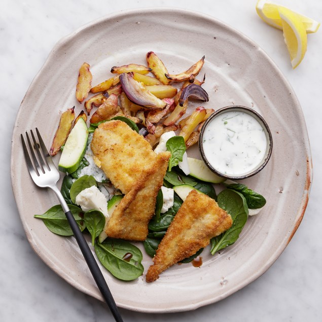 Crumbed Fish with Roasted Yams and Basil Drizzle