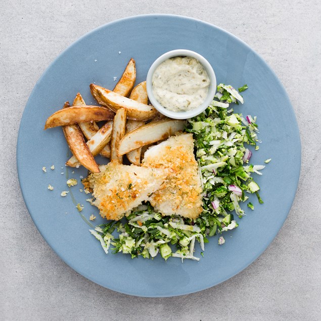 Lemon and Parsley-Crumbed Fish with Wedges and Salsa