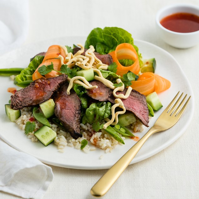 Thai Beef Salad with Rice and Crispy Noodles 