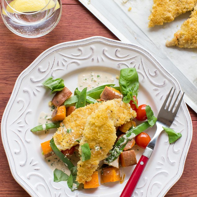 Couscous Crusted Fish with Roasted Vegetables and Orange-Basil Dressing