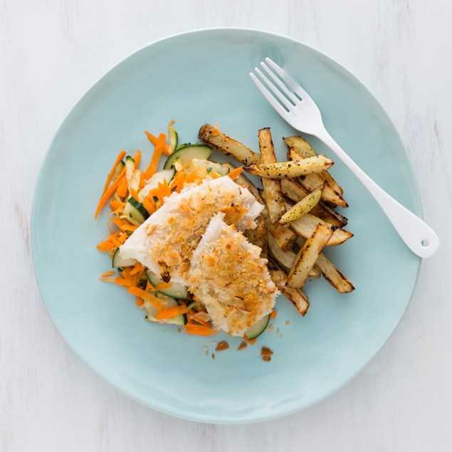 Almond Crusted Fish with Chips and Carrot Slaw