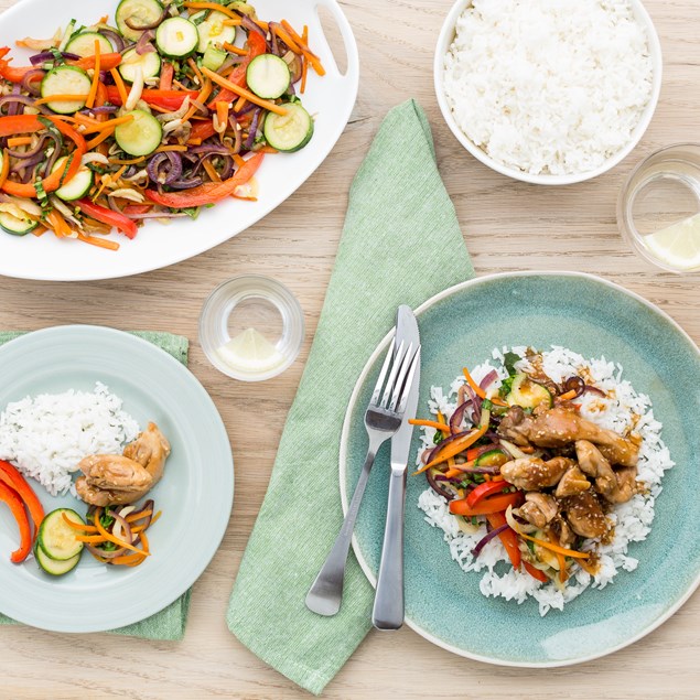 Ginger Soy Chicken with Veggie Stir-Fry and Jasmine Rice