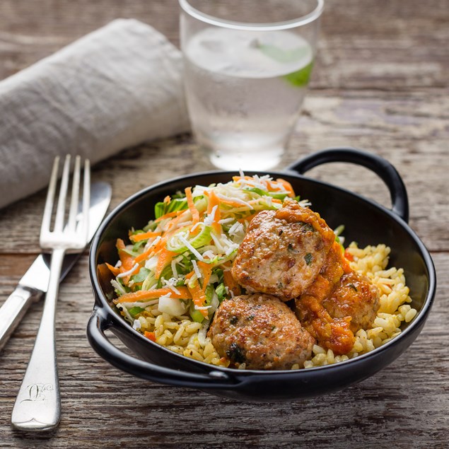 Bombay Chicken Meatballs with Brown Rice and Coconut Salad