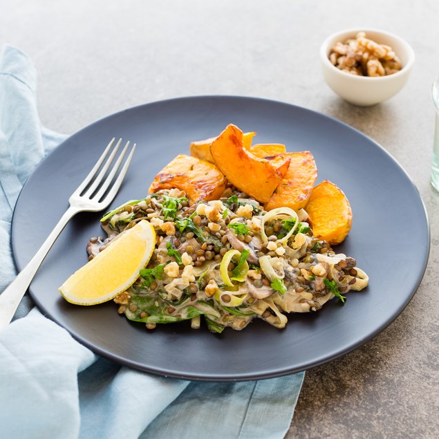 Creamy Lentils, Leek and Mushrooms with Roasted Butternut