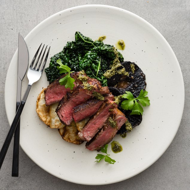 Grilled Beef Scotch with Celeriac, Cavolo Nero and Salsa D’Accinghe