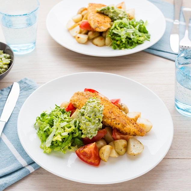 Peri Peri Crusted Fish with Roasted Tomatoes and Smashed Peas