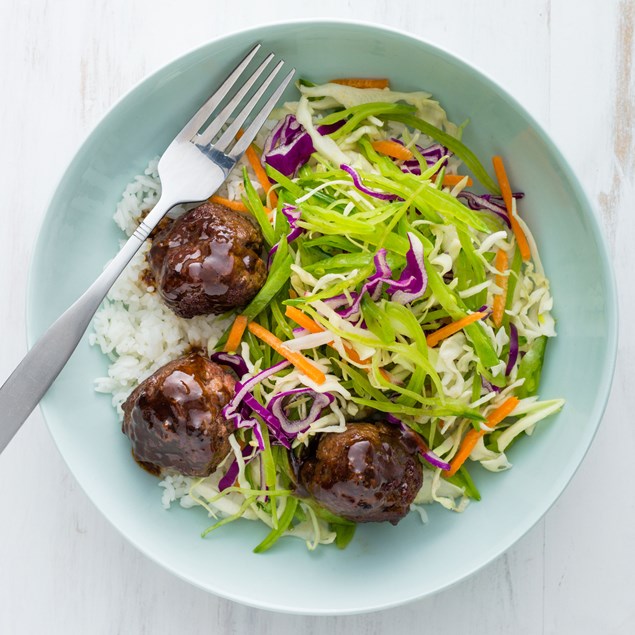 Asian BBQ Beef Meatballs with Rice and Slaw