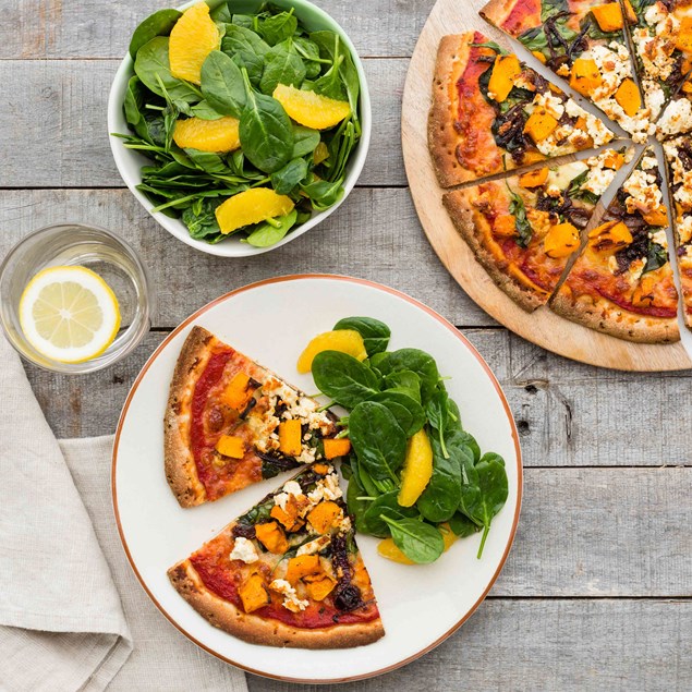 Pumpkin and Caramelised Onion Pizza with Salad