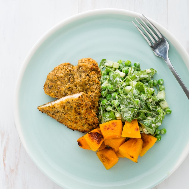 Crumbed Chicken and Pumpkin Bites with Pea Salad