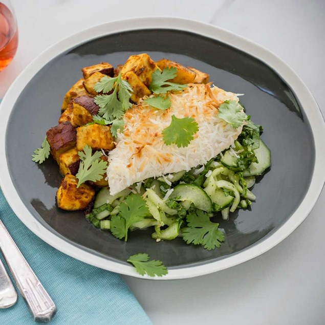 Coconut-Crusted Chicken with Red Curry Kumara and Asian Dressed Greens
