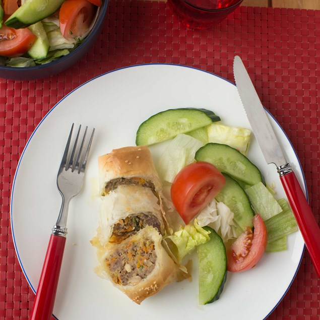 Pork, Apple and Cranberry Filo Rolls with Salad