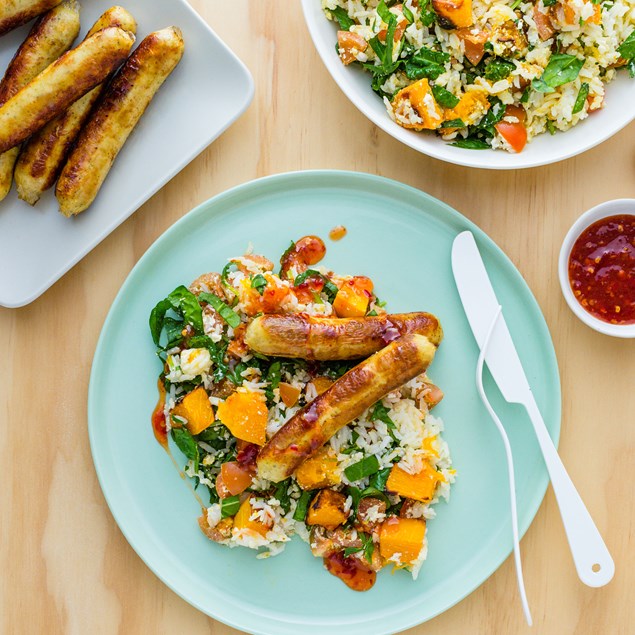 Chicken And Apricot Sausages With Roast Pumpkin And Feta Rice My Food Bag