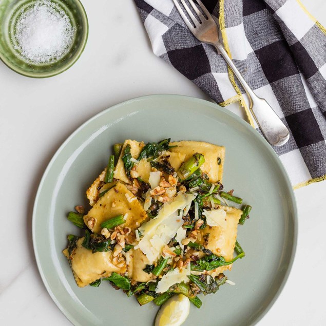 Lemon and Ricotta Pansotti with Sage, Burnt Butter, Greens and Toasted Walnuts