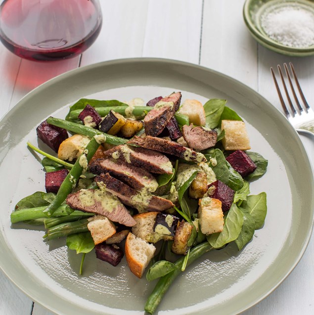 Spiced Lamb Roast Beet Eggplant And Crouton Salad With Chimichurri My Food Bag