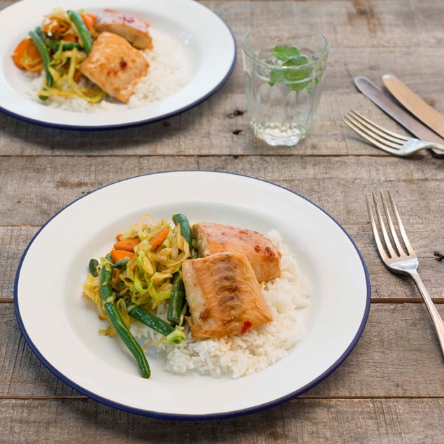 Sweet Soy Fish with Sesame Stir-Fry and Rice