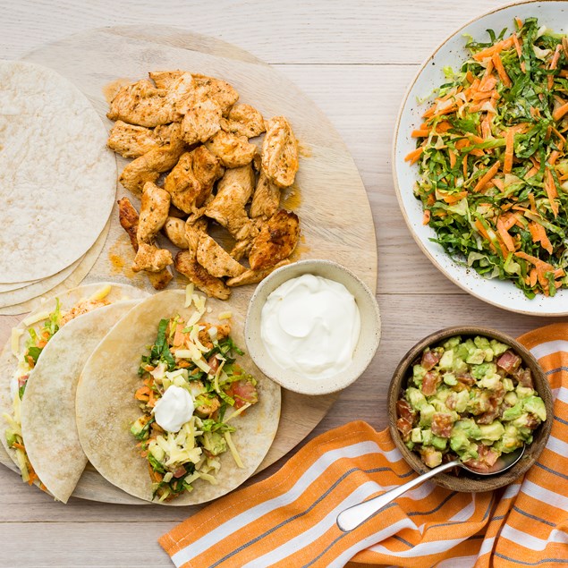 Soft Shell Chicken Tacos with Chipotle Salad and Avocado Salsa