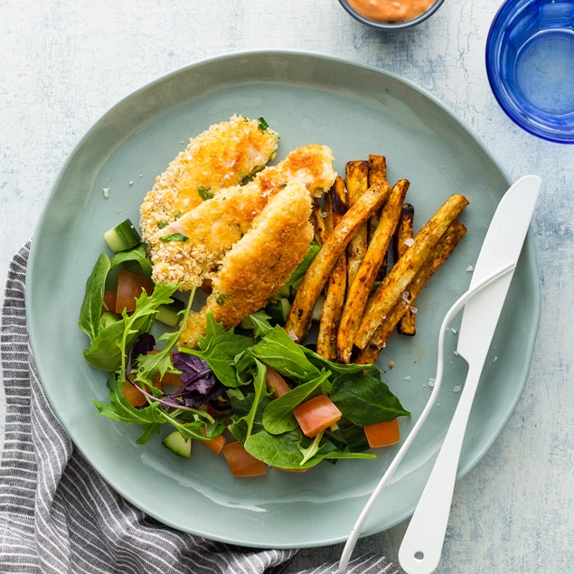 Parsley-Crusted Chicken with Kumara Chips and Salad