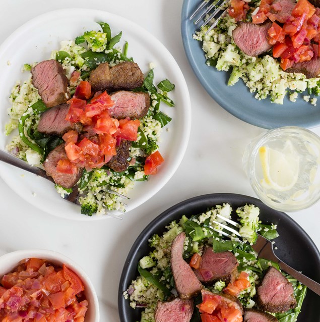 Spiced Lamb with Broccoli Spinach Couscous and Warm Tomato Salsa